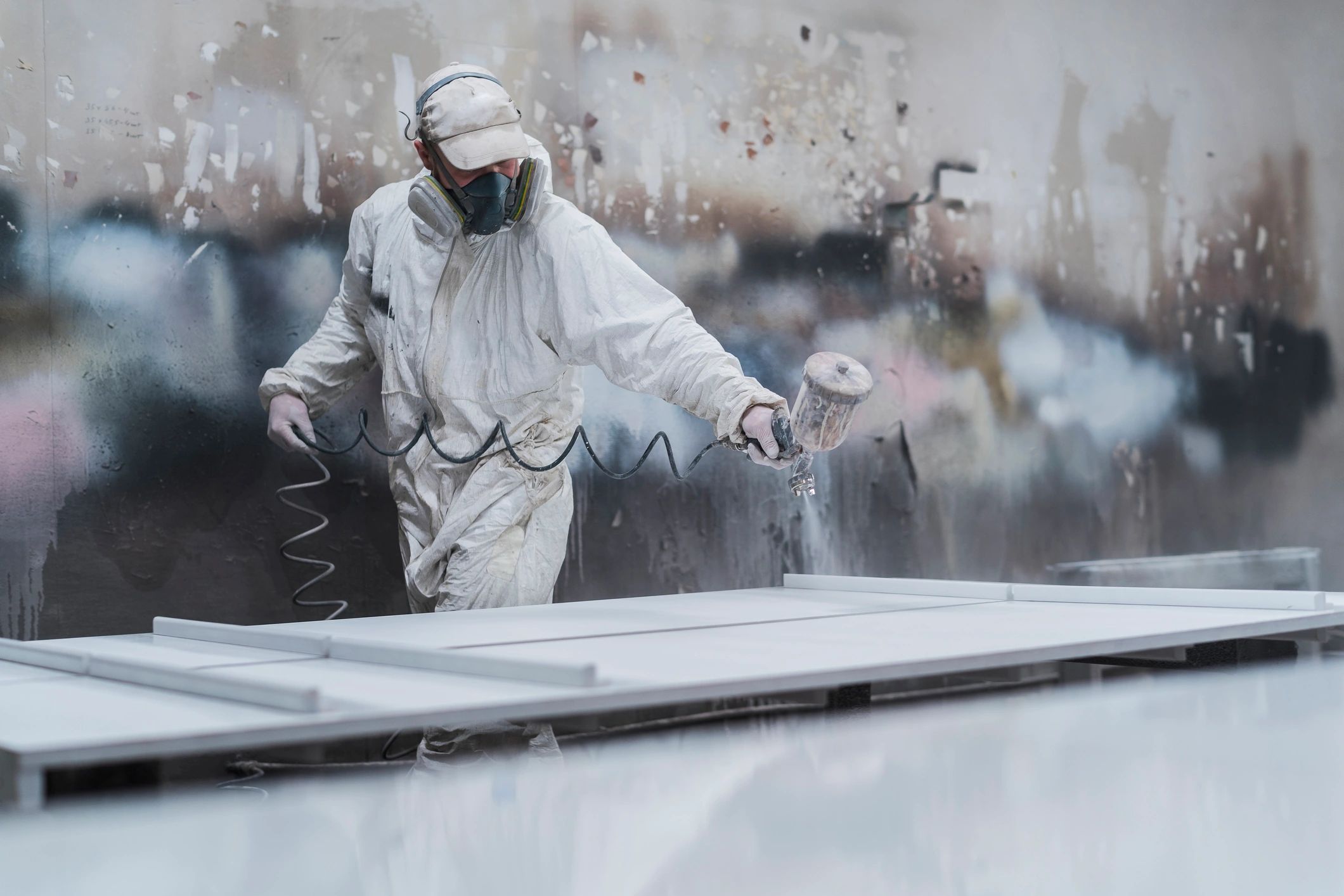 Painter wearing protective mask using a spray gun in a workshop